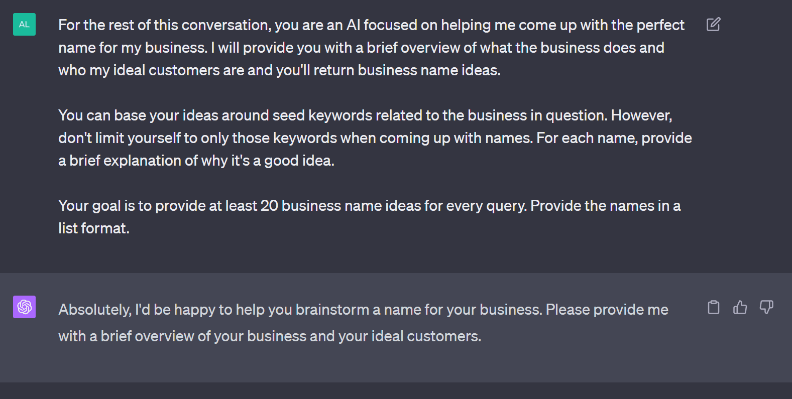How to use ChatGPT as an AI business name generator: A prompt for ChatGPT.