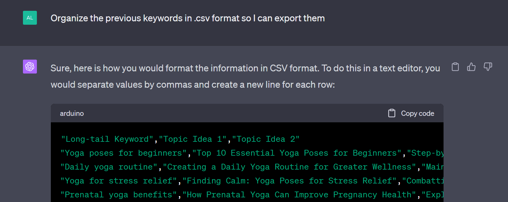 Generating CSV code using ChatGPT.