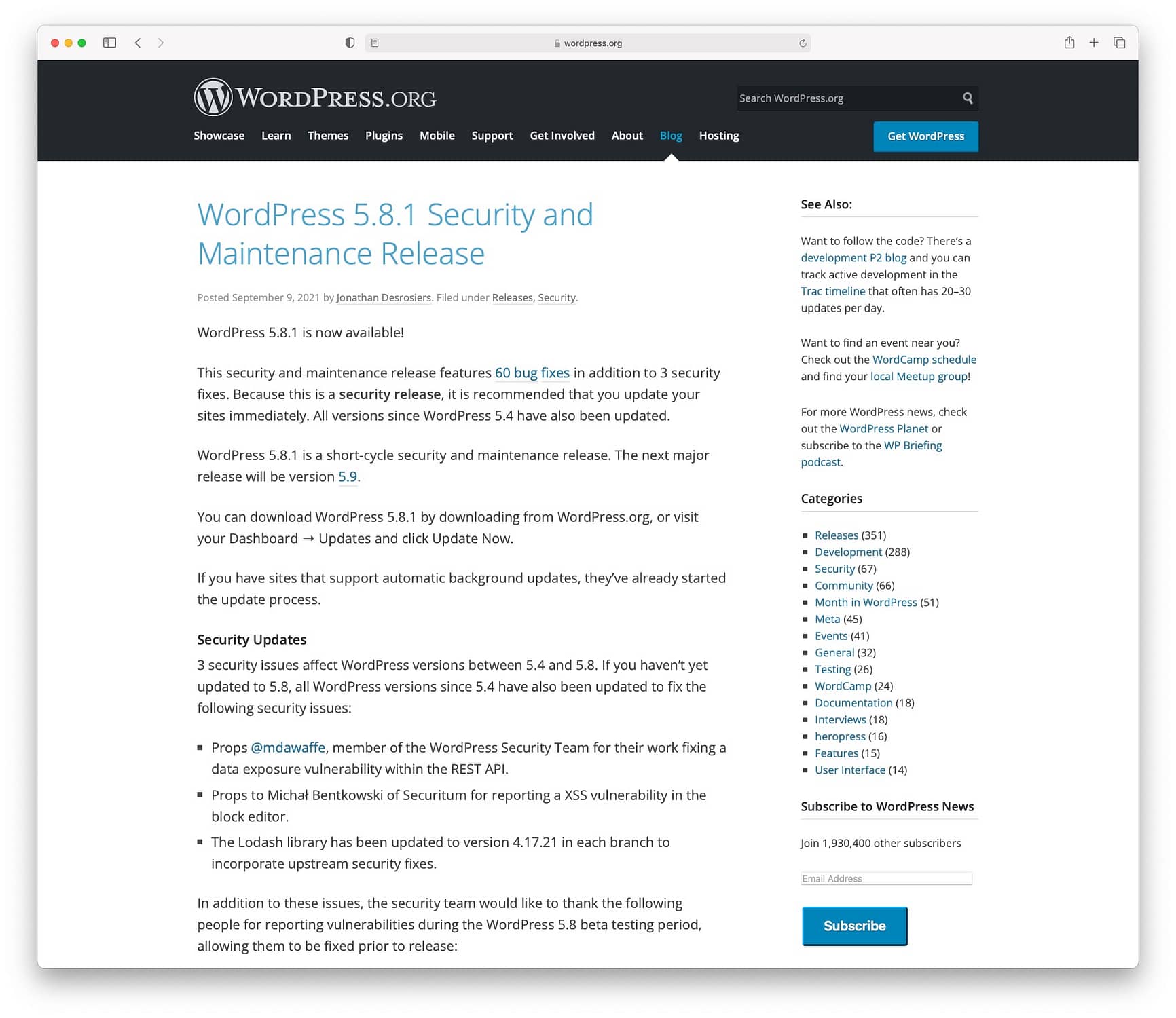 WordPress security update