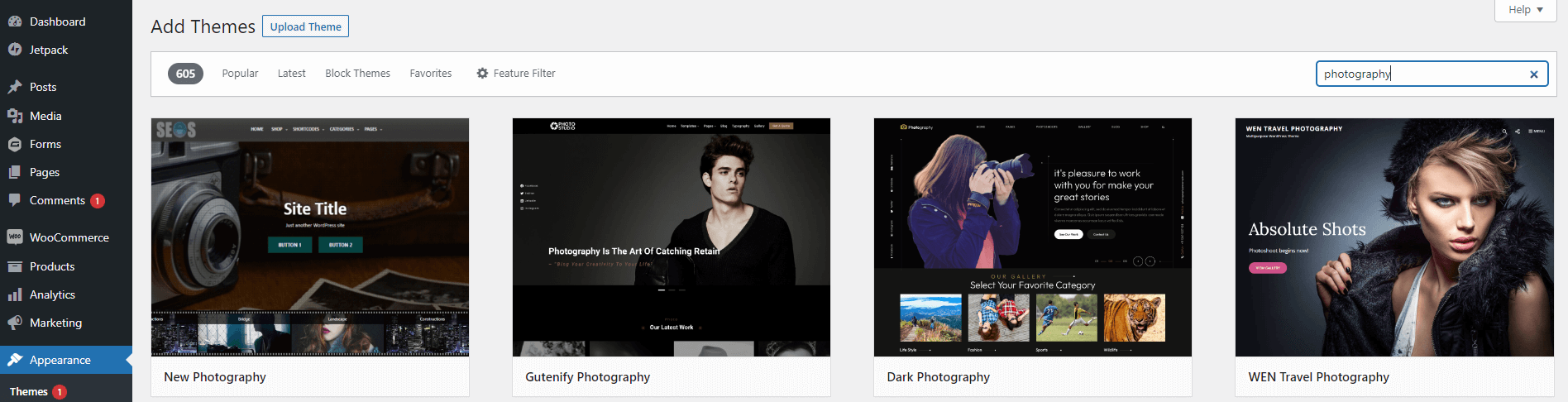 A screenshot of some WordPress photography themes.