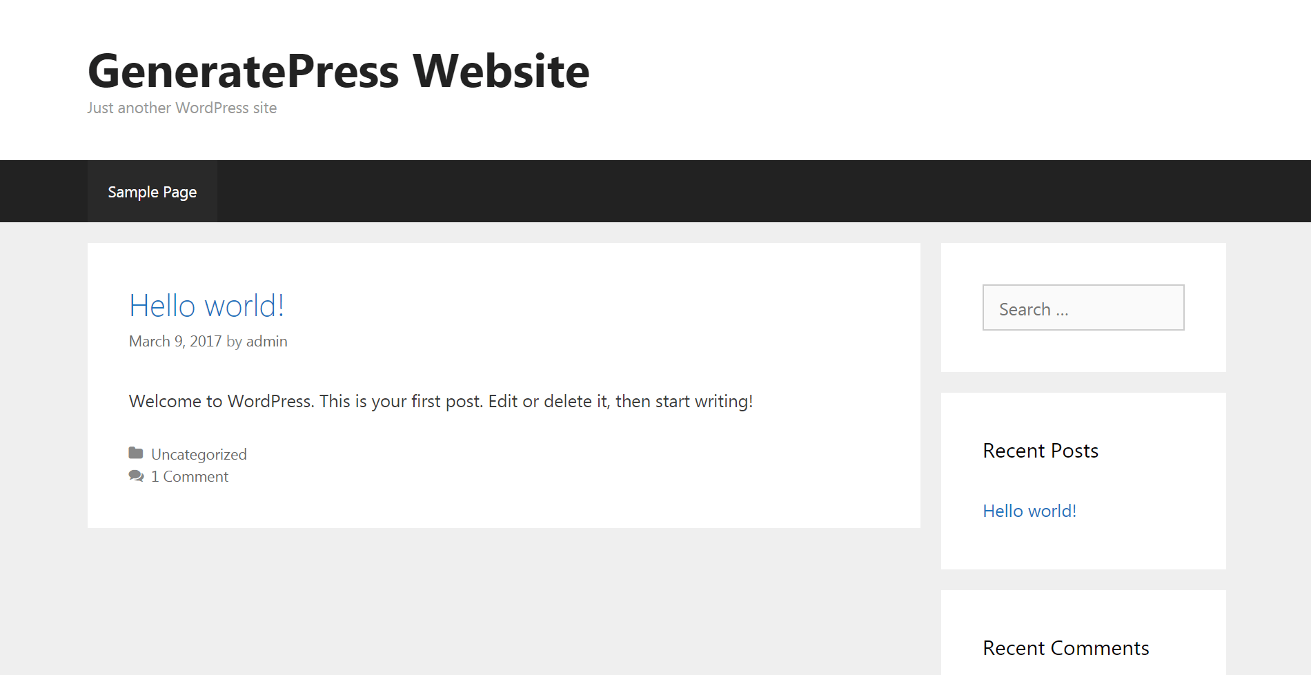 A basic website installation with GeneratePress.