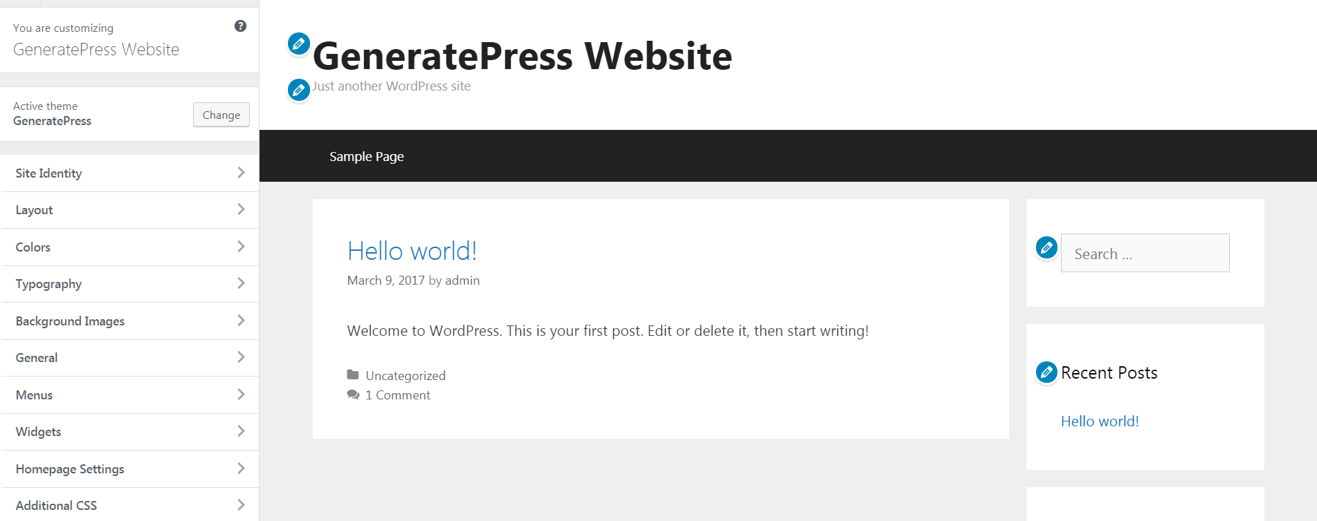 The GeneratePress customizer screen.