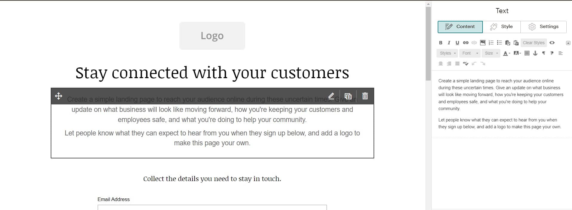 How to create a landing page in Mailchimp - editing text block