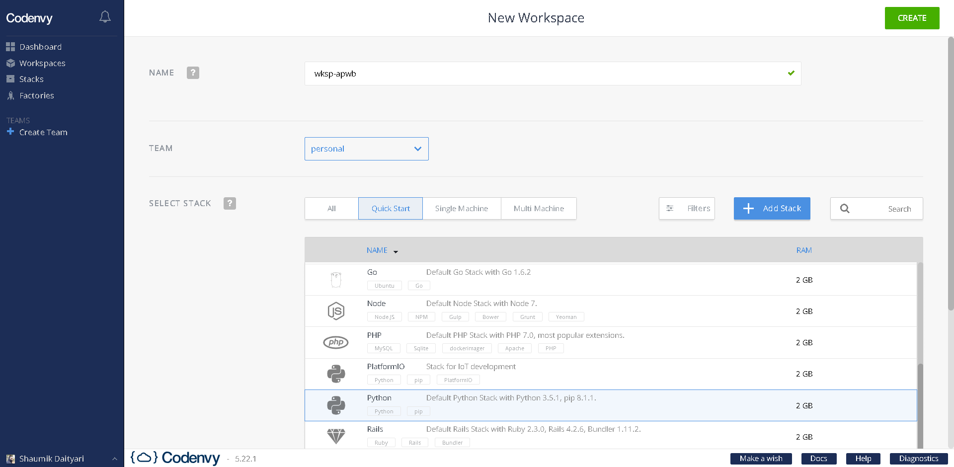 Create workspace on Codenvy