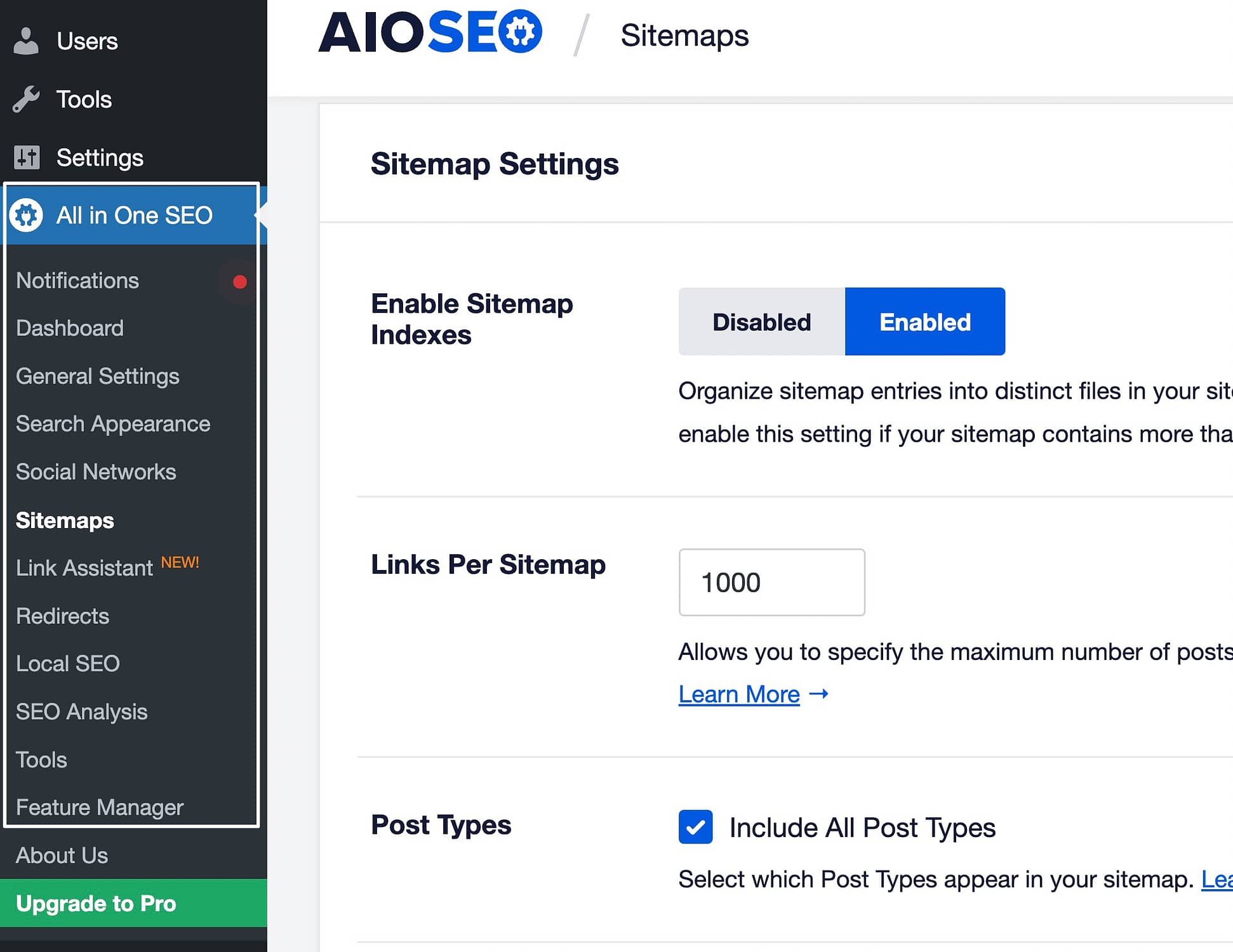 interface for All in one SEO