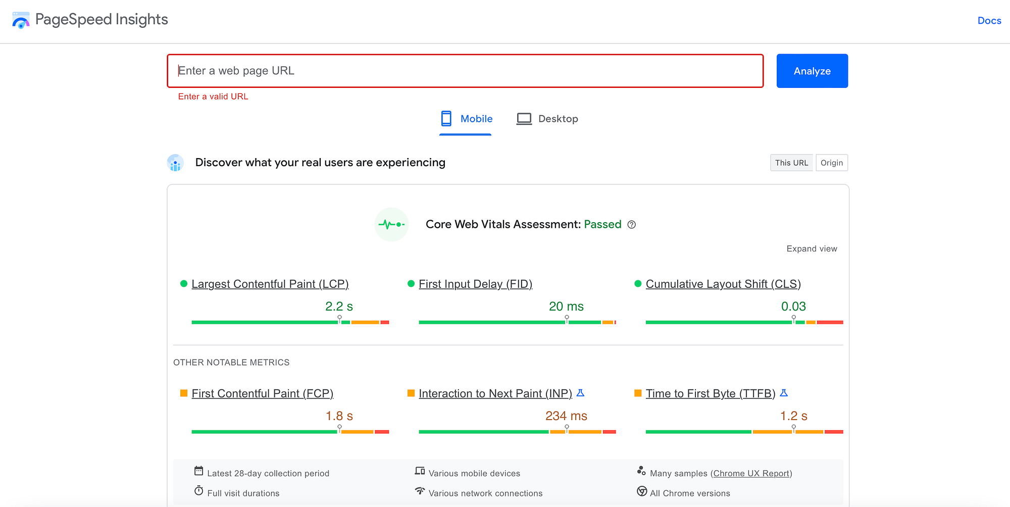 PageSpeed Insights showing First Contentful Paint (FCP) score results.