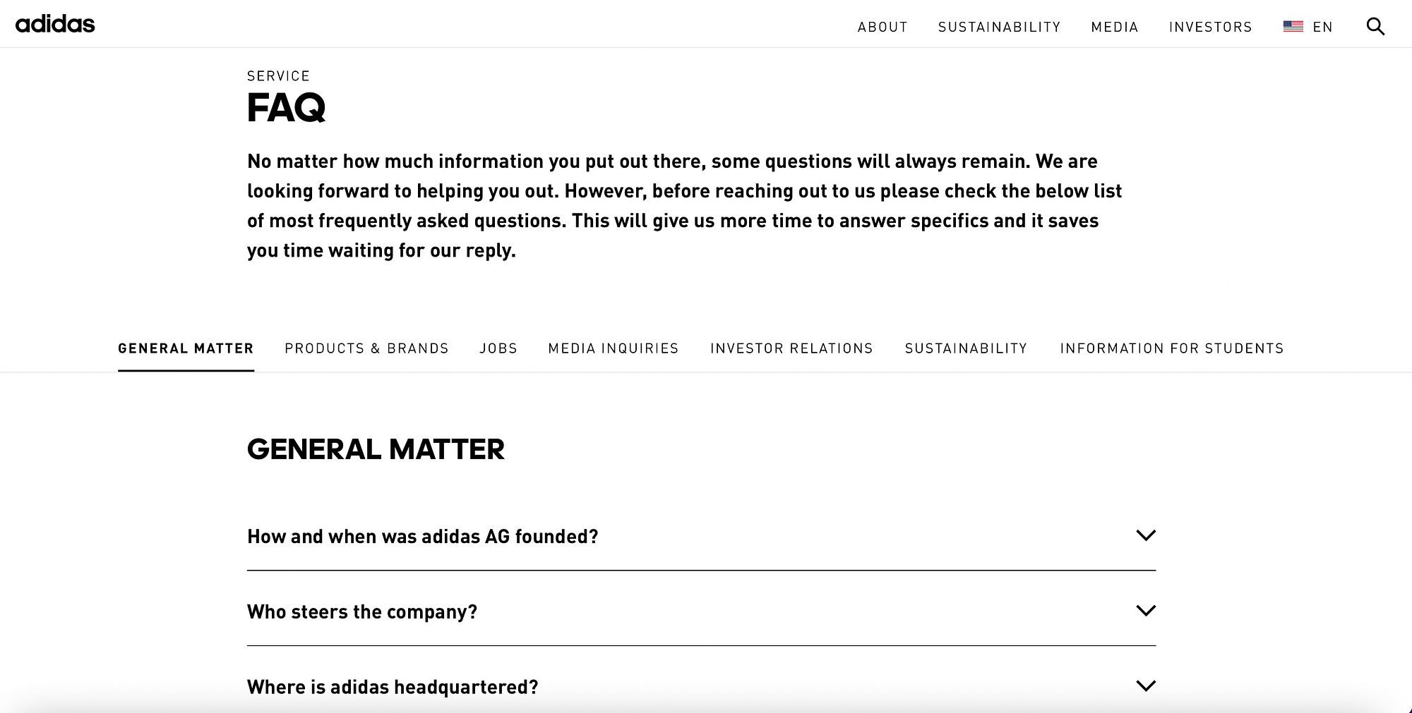 FAQ page examples: Adidas FAQ page, "General Matter" area