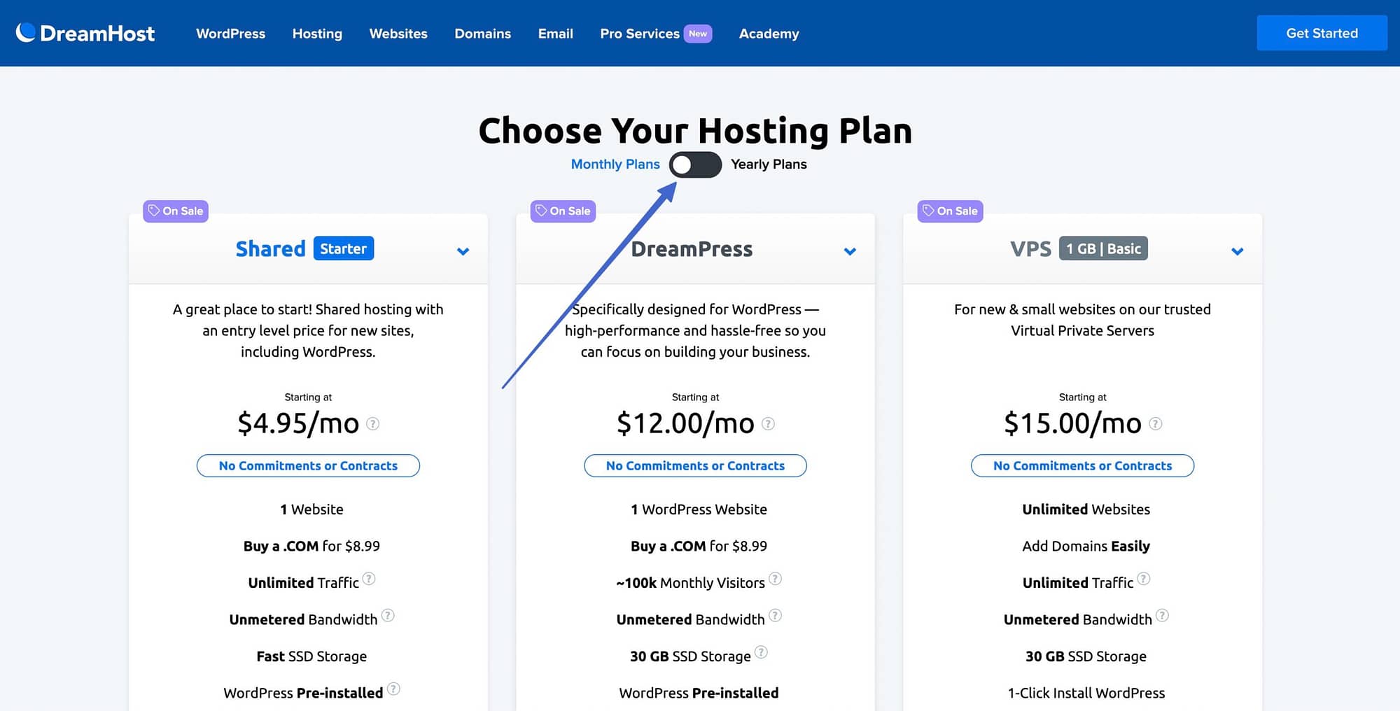 beralih dari paket hosting web tahunan ke bulanan di Dreamhost