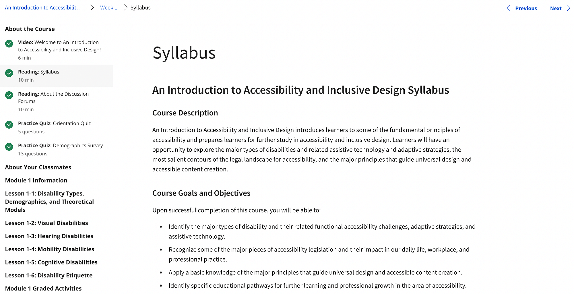 An online syllabus for a course about what is digital accessibility and what is inclusive design.