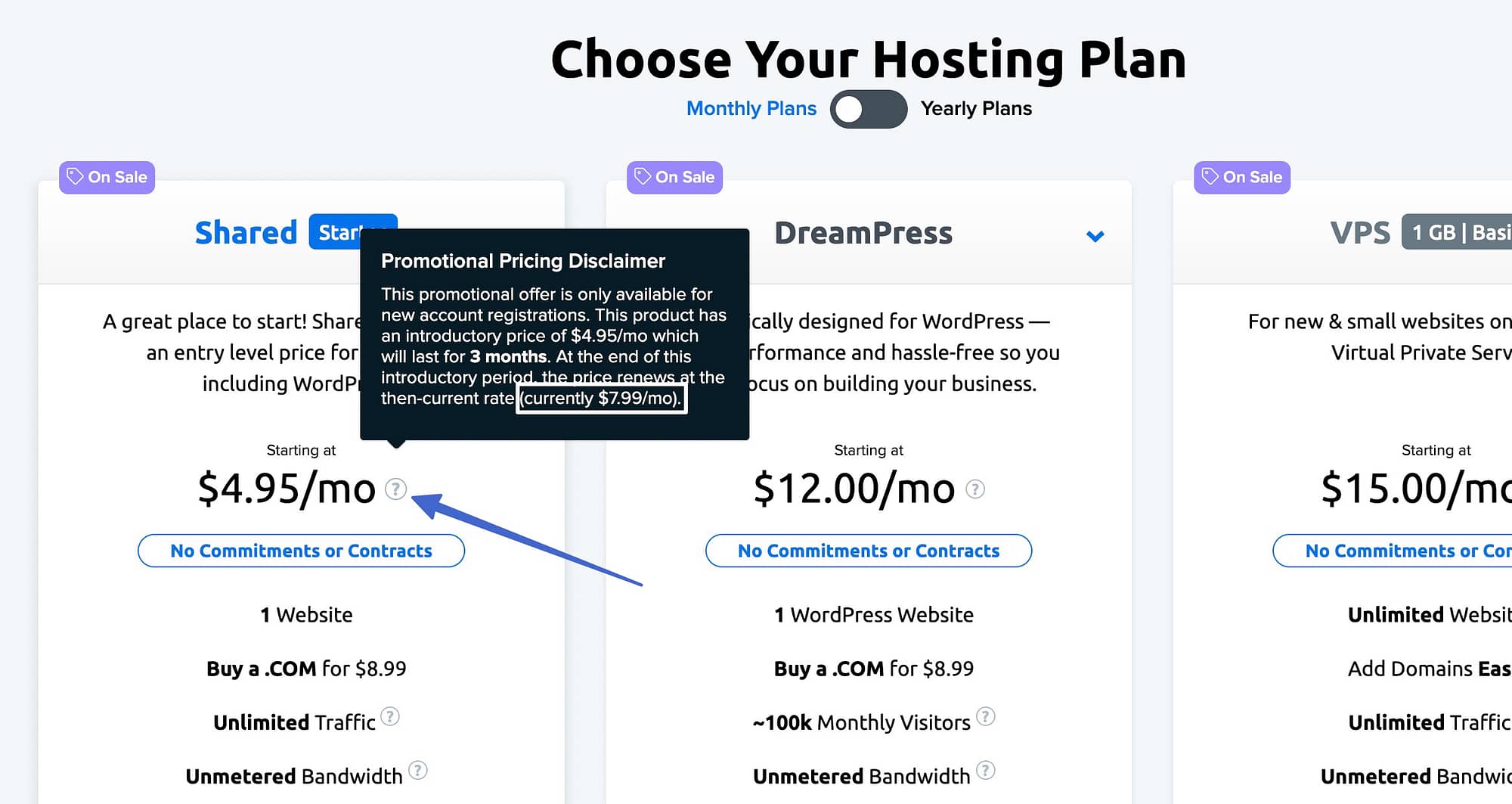 finding the actual monthly web hosting price for Dreamhost