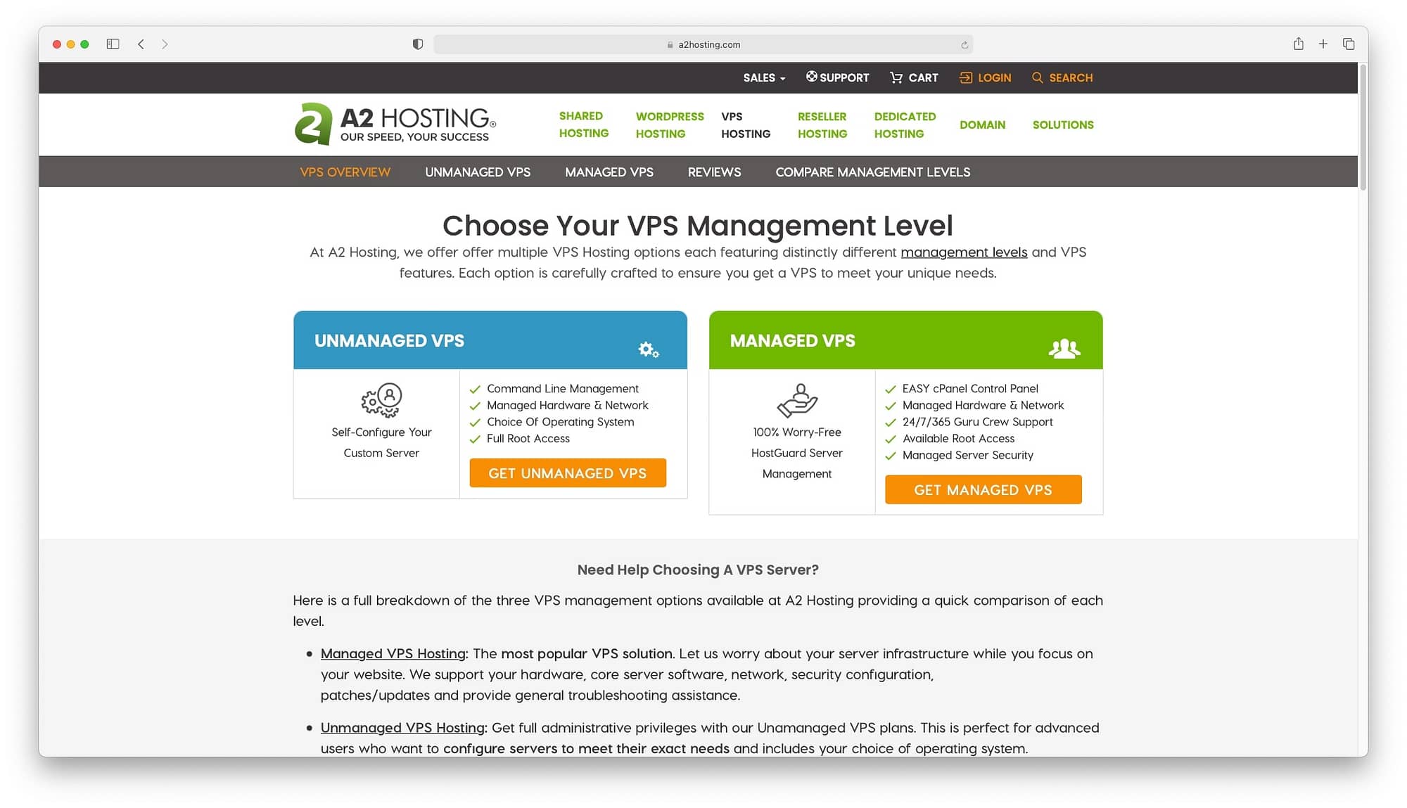 A2 VPS webhosting options