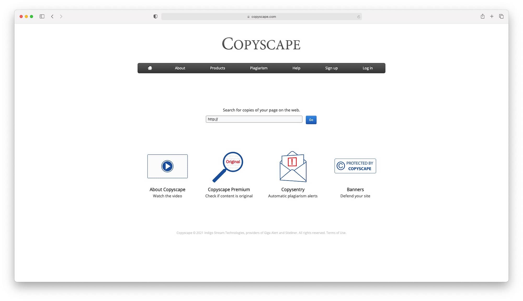 The home page of Copyscape, one of our picks for the best free plagiarism checker.