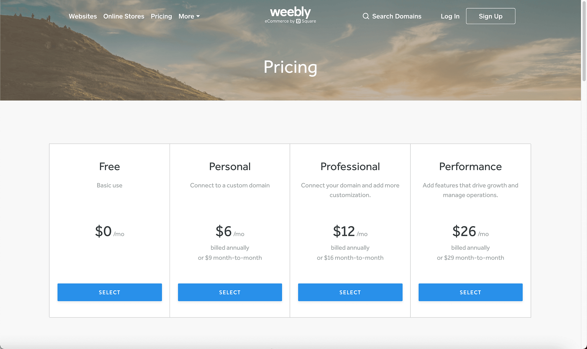 Weebly pricing chart
