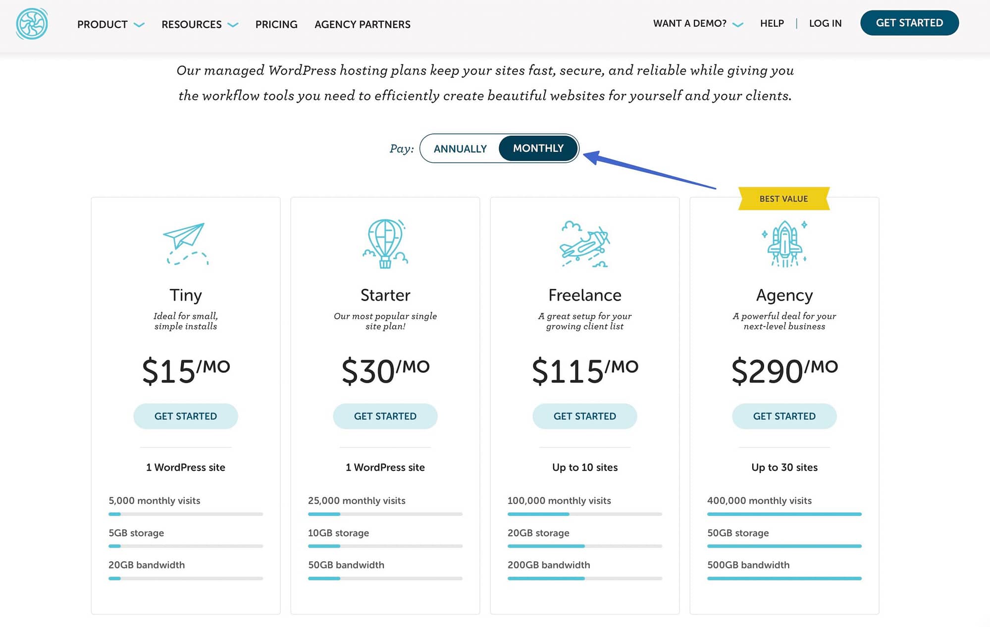 flywheel pricing with monthly web hosting pricing shown 