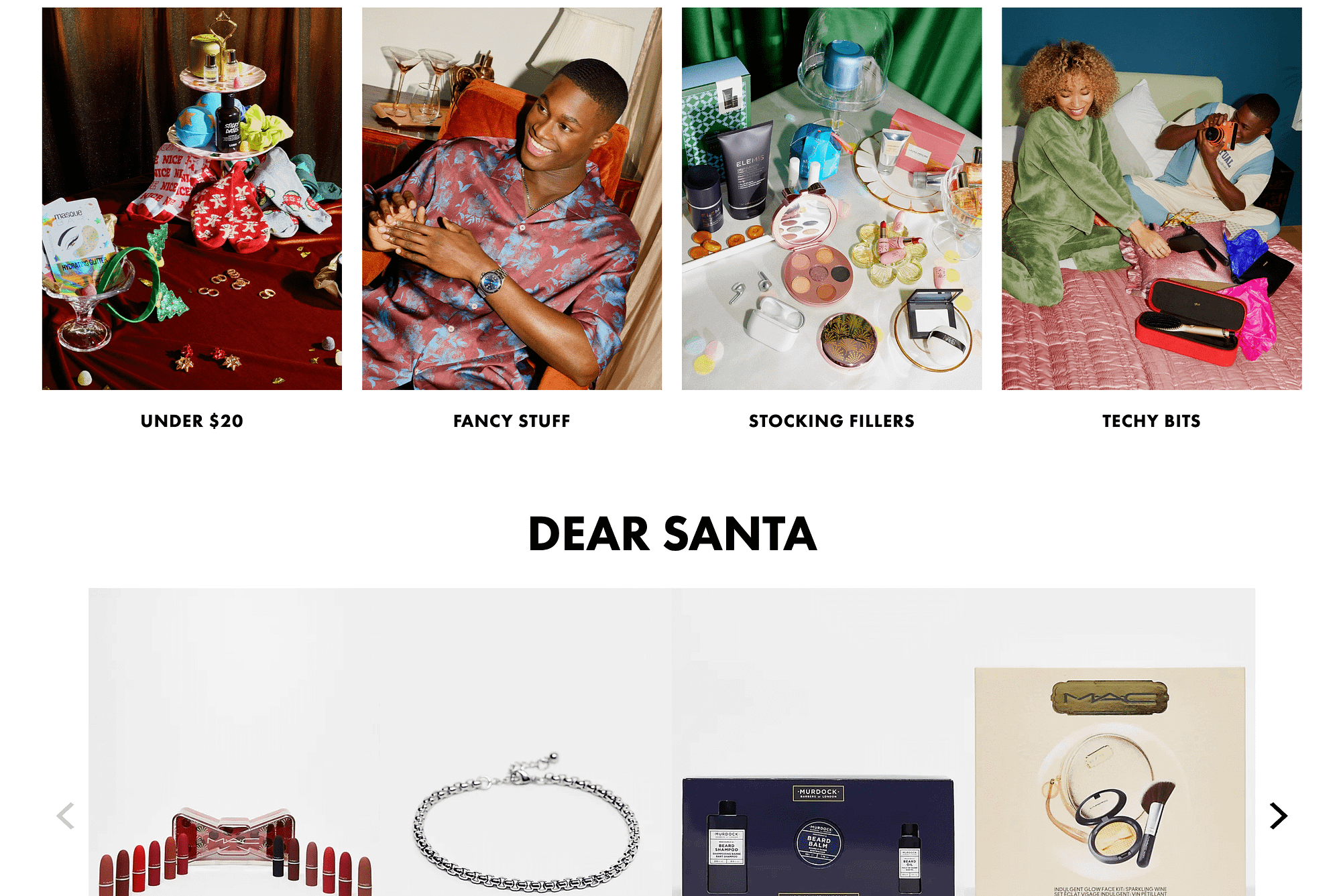 A gift guide featuring creative categories like "fancy stuff" and "stocking fillers".