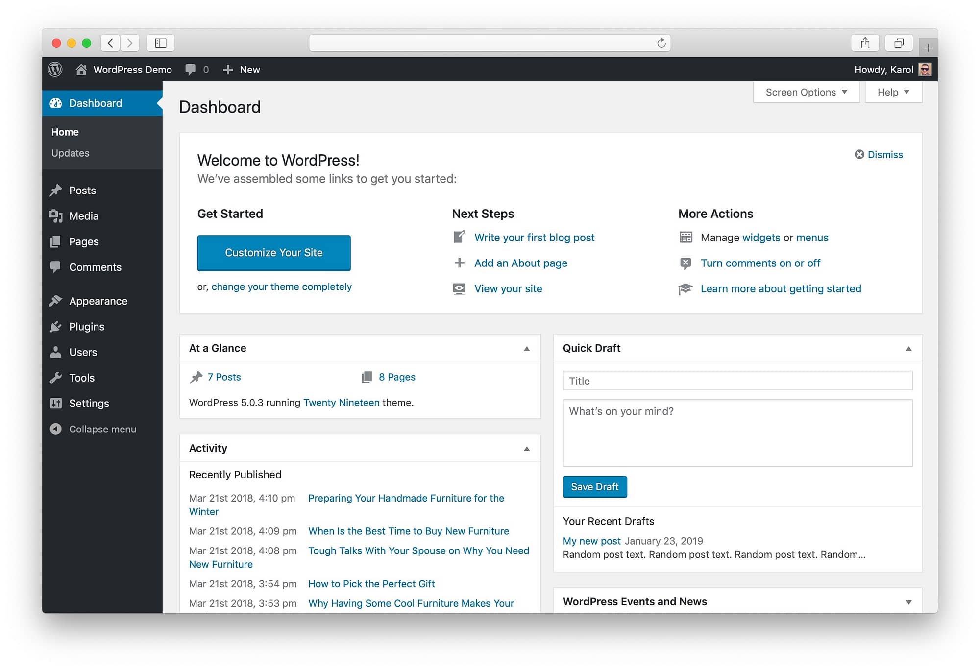WordPress 5.0 dashboard