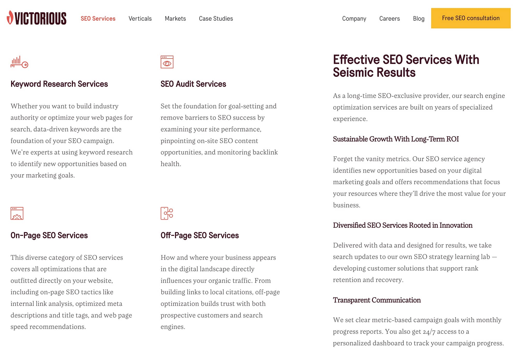 An example of services page design in WordPress.