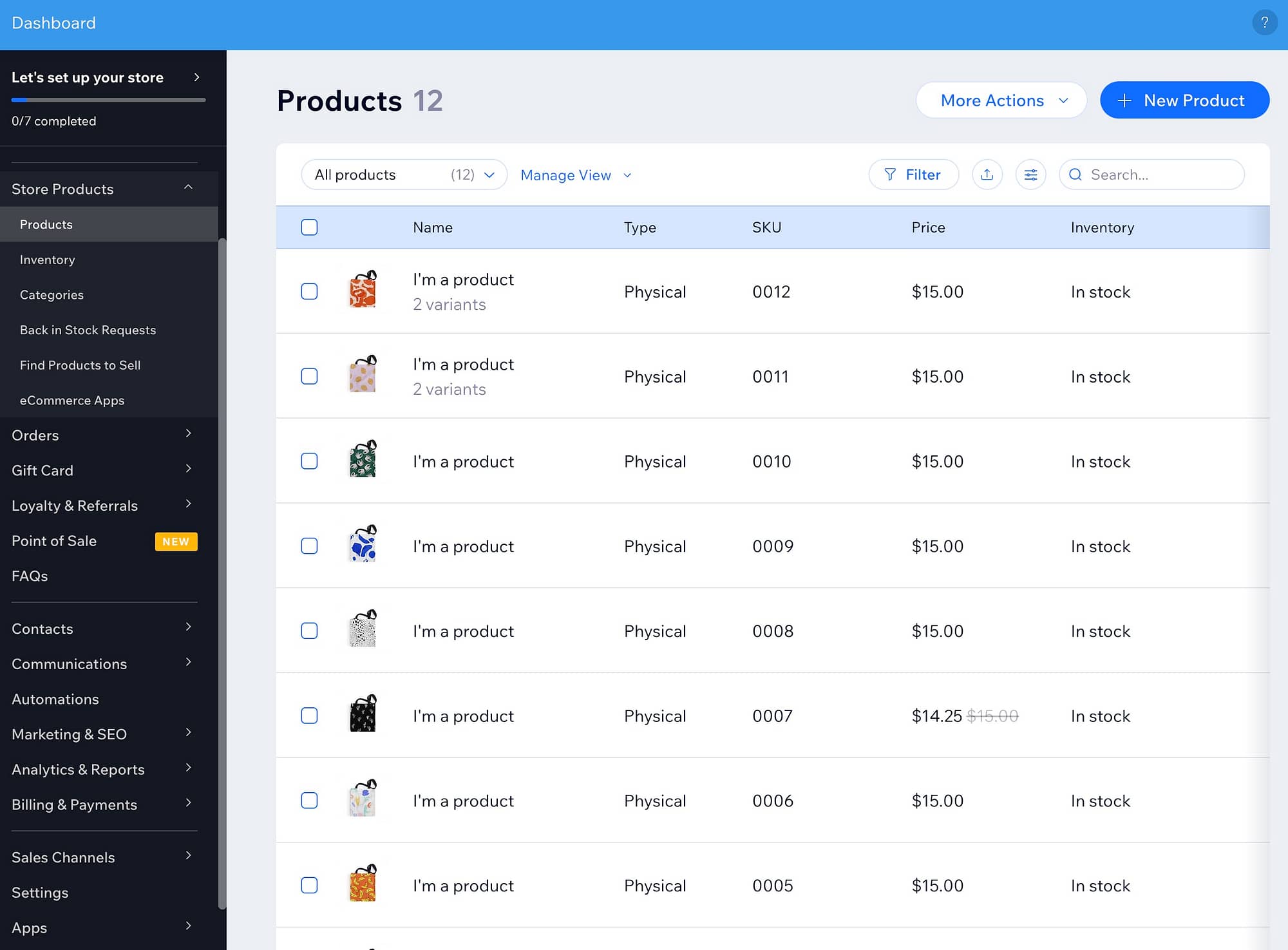 Ecommerce dashboard from the Wix eCommerce review.