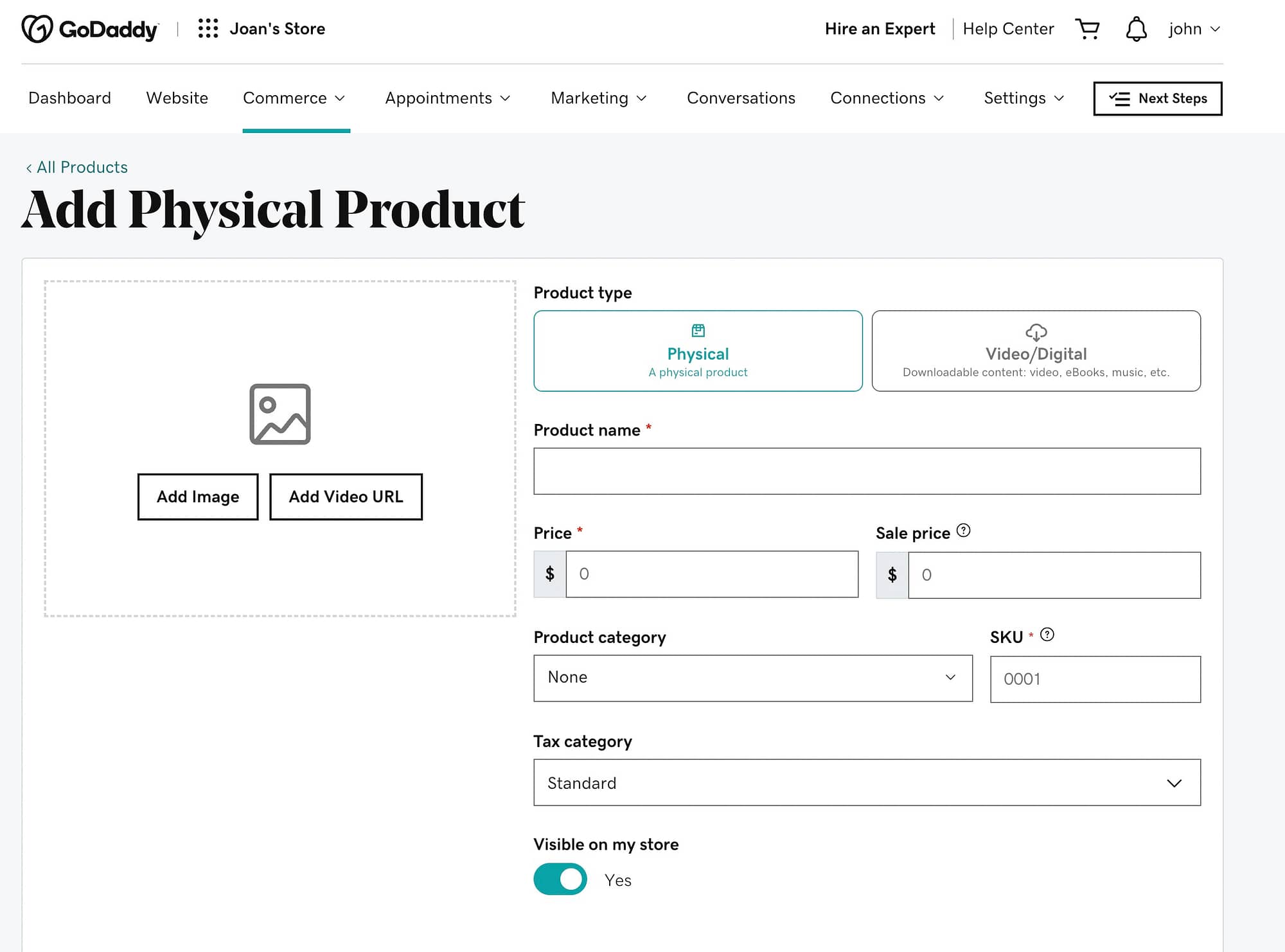 adding an ecommerce product in GoDaddy
