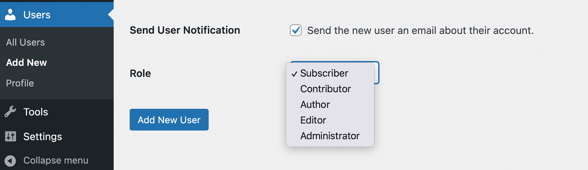 Assigning WordPress user permissions/roles in the dashboard.