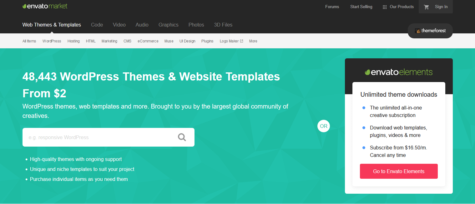 The ThemeForest homepage.
