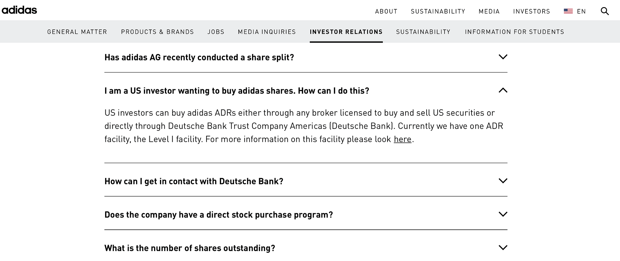FAQ page exmples: Adidas FAQs, Investor Relations area