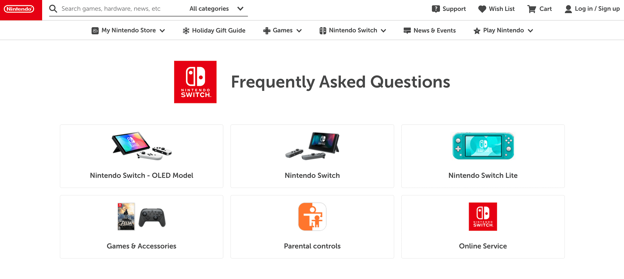 FAQ page examples: Nintendo FAQ page