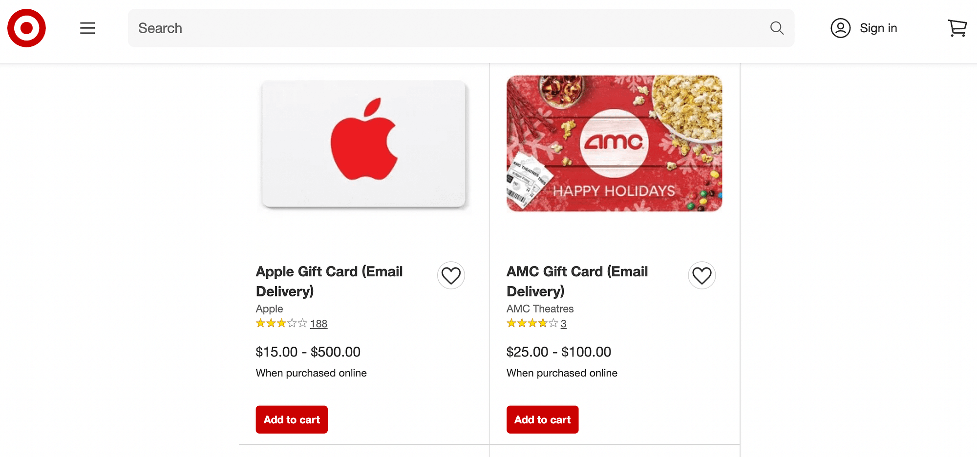 Seasonal gift card offerings at Target.com.