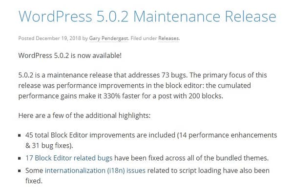 january 2019 wordpress news 5.0.2 maintenance release