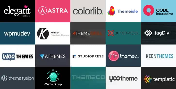 Collage of WordPress Theme Developer Logos Featured in the WordPress Theme Shop Directory 2023