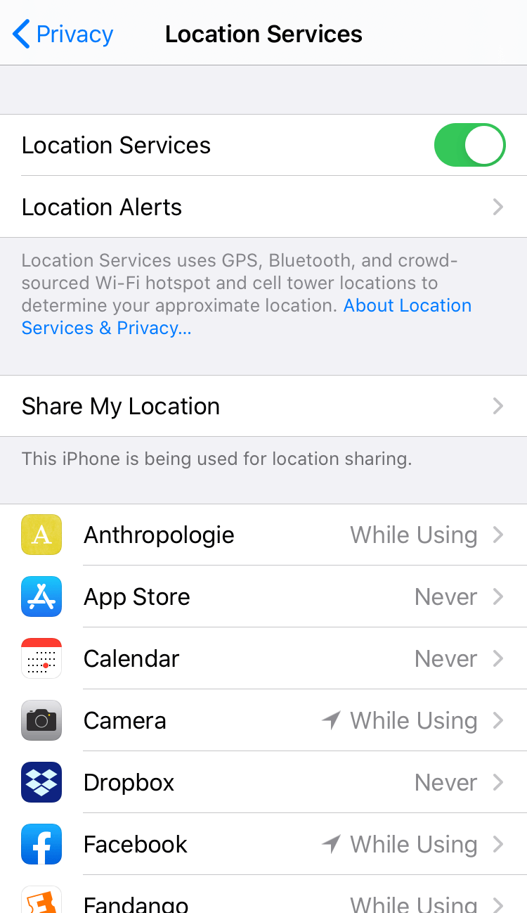 iPhone location services settings