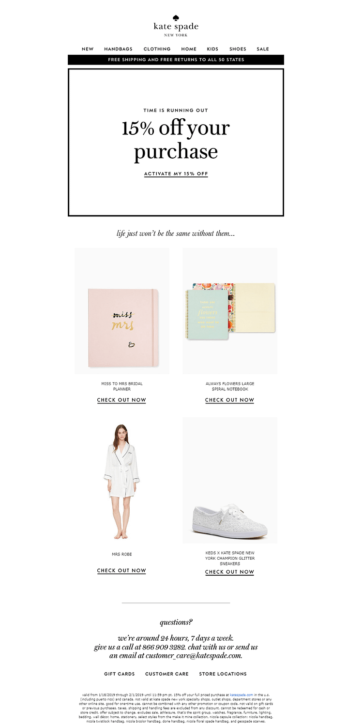 Kate Spade example from the series of abandoned cart emails