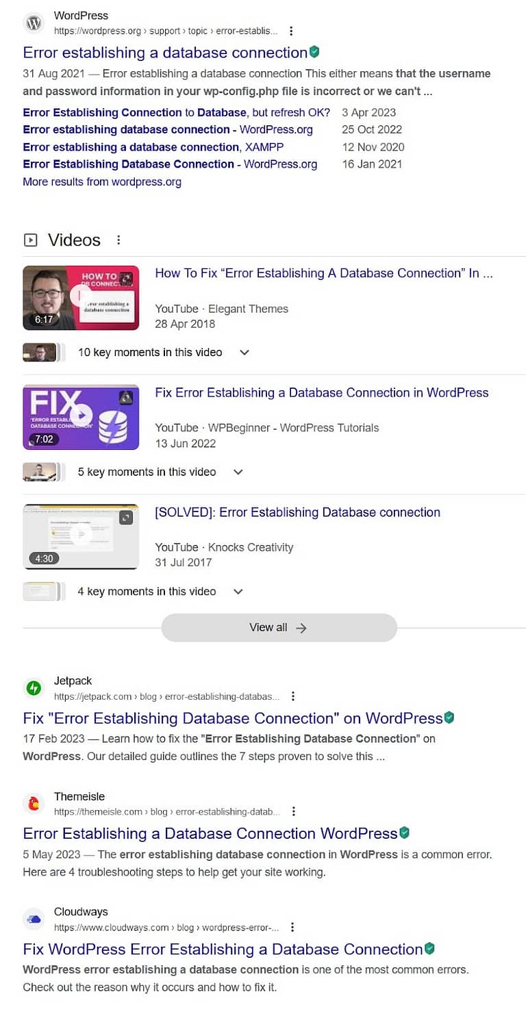 Search results for the error establishing a database connection in WordPress.