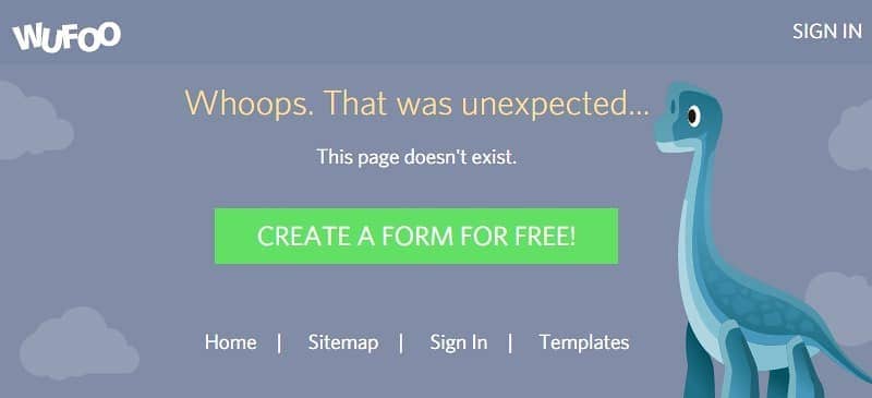 Types of web pages: Wufoo 404 page example