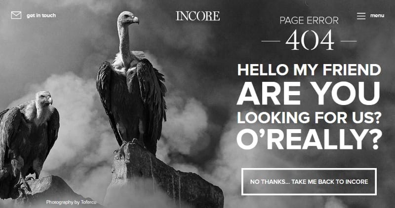 Types of web pages: Incore 404 page example