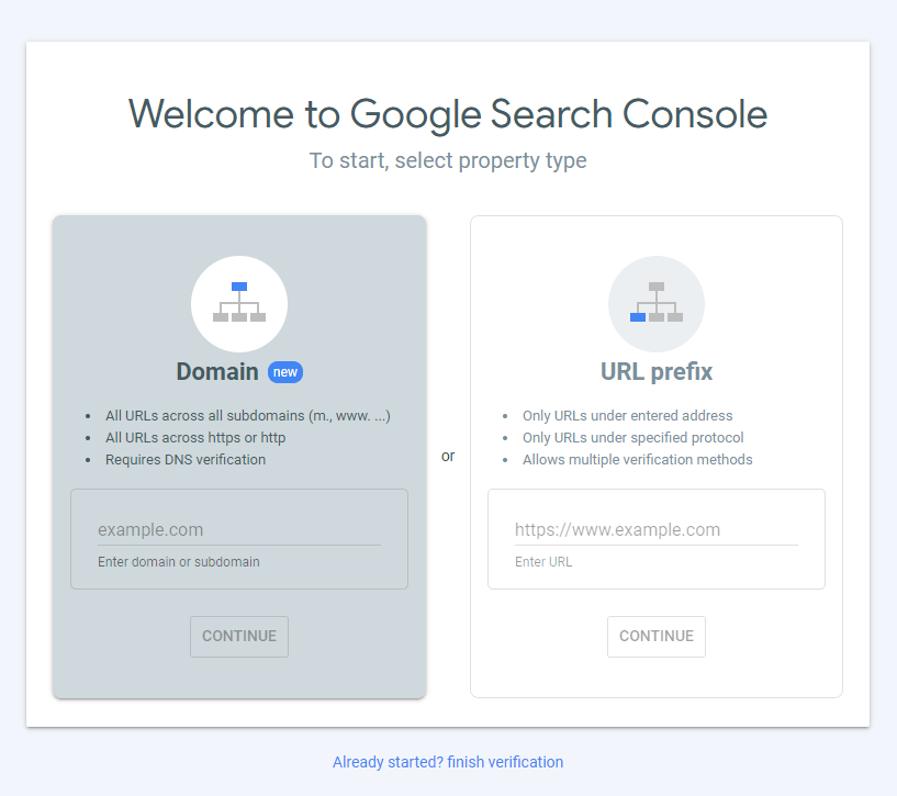 sign up for Google Search Console - finish veryfication
