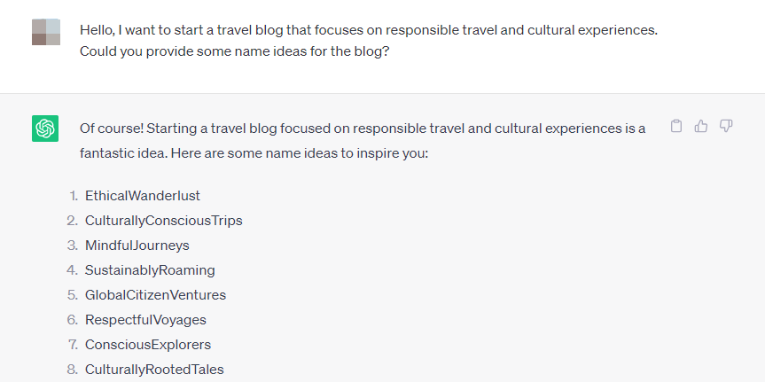 Asking ChatGPT to suggest travel blog names.