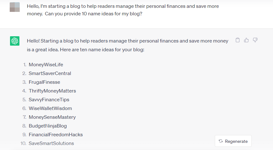 Asking ChatGPT to suggest names for a personal finance blog.