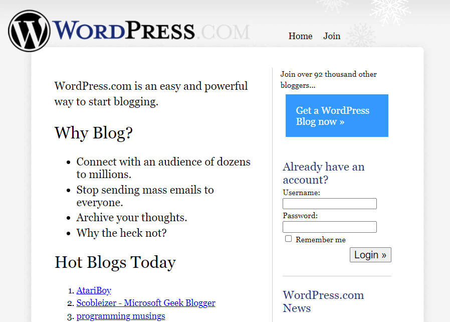 Seperti apa tampilan WordPress.com di tahun 2006, dalam sejarah pembuat situs web sebelumnya.