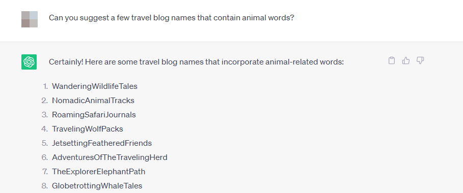 Asking ChatGPT to provide travel blog names with animal words.