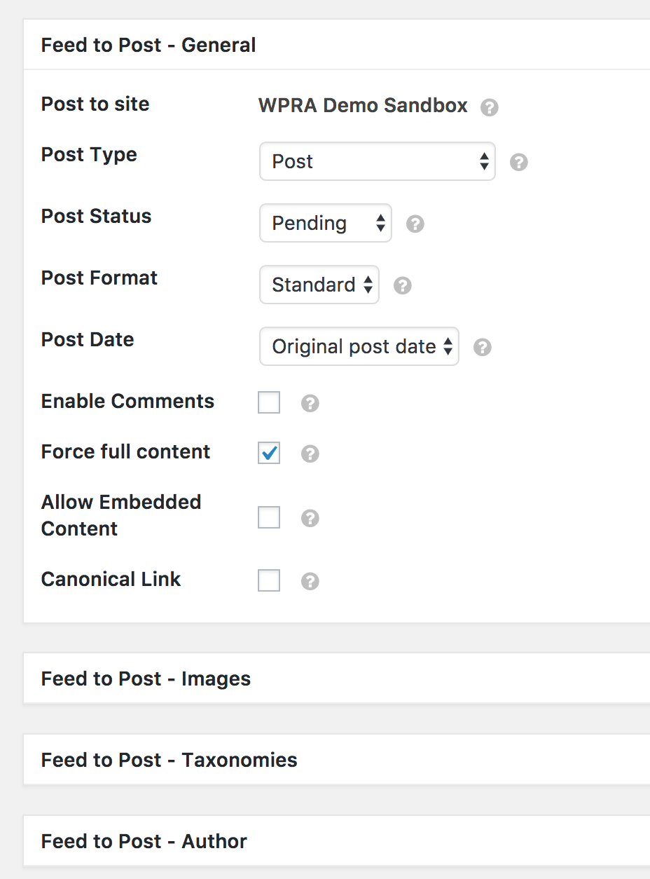 WP RSS aggregator settings