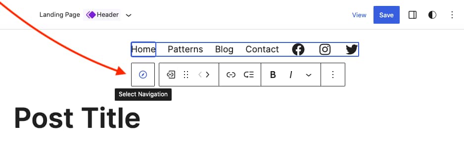 Selecting the navigation menu in the free landing page template using Neve FSE.