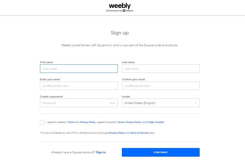Squarespace vs Weebly - Weebly sign up