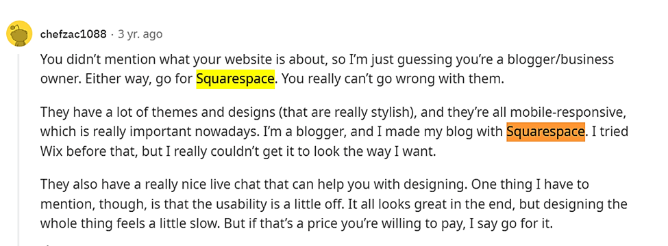Squarespace website builder Reddit review.