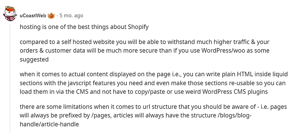 Shopify review according to Reddit.