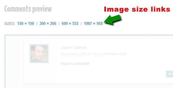 Links to all image sizes in WordPress