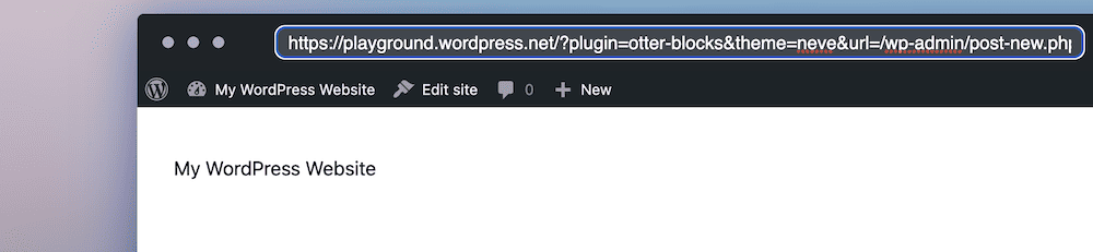The simulated address bar in WordPress Playground containing a URL using attribute options.
