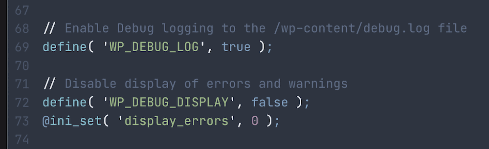 A portion of the wp-config.php file showing the settings for WordPress debug mode.