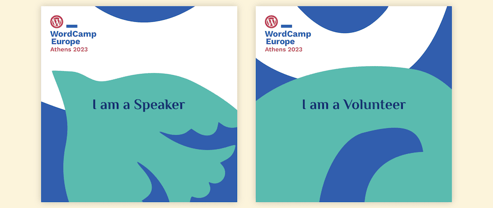 Two badges for speakers and volunteers at WordCamp Europe.