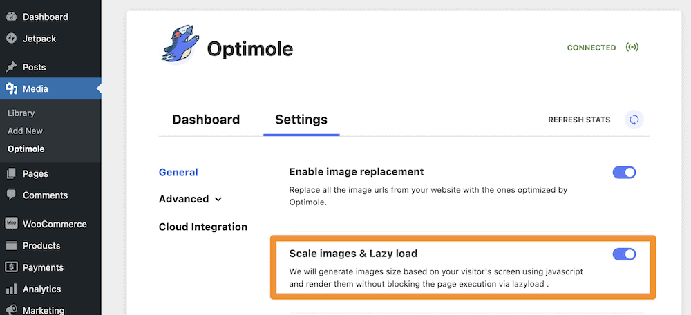 The optimole settings screen showing the lazy load toggle switch.